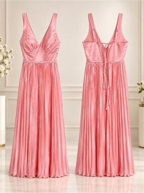 Fashion Nova Pink Satin V-Neck Pleated Maxi Dress
